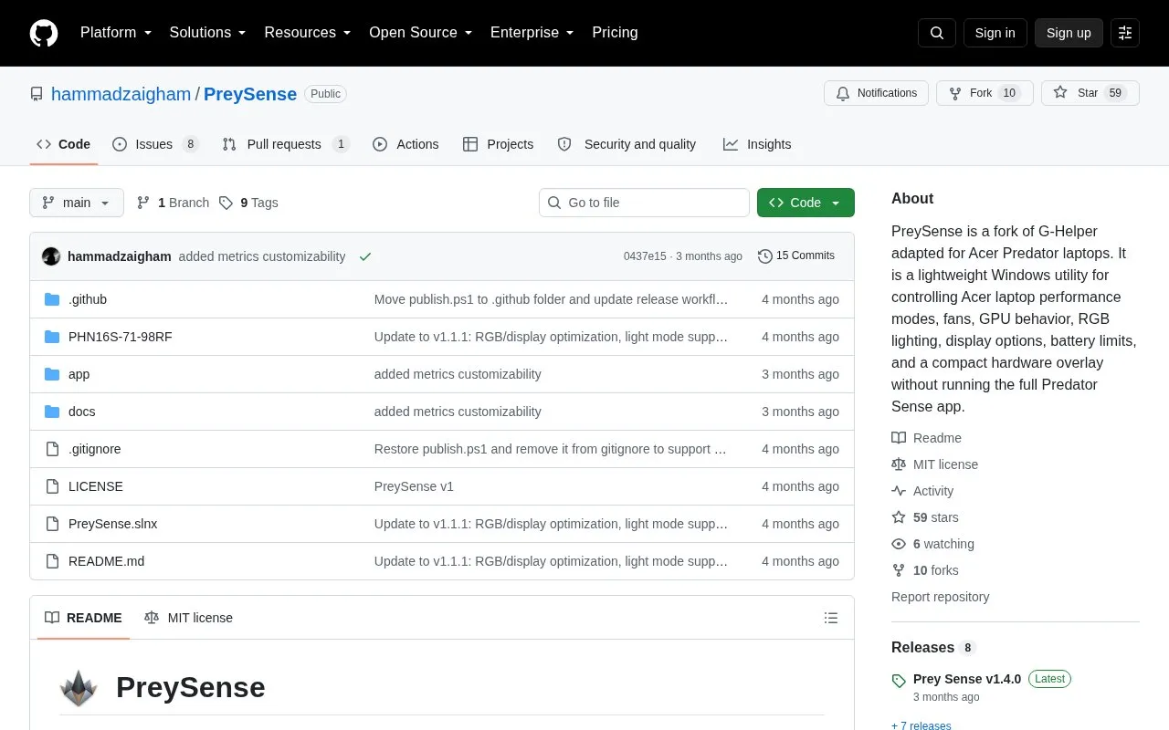 PreySense homepage screenshot