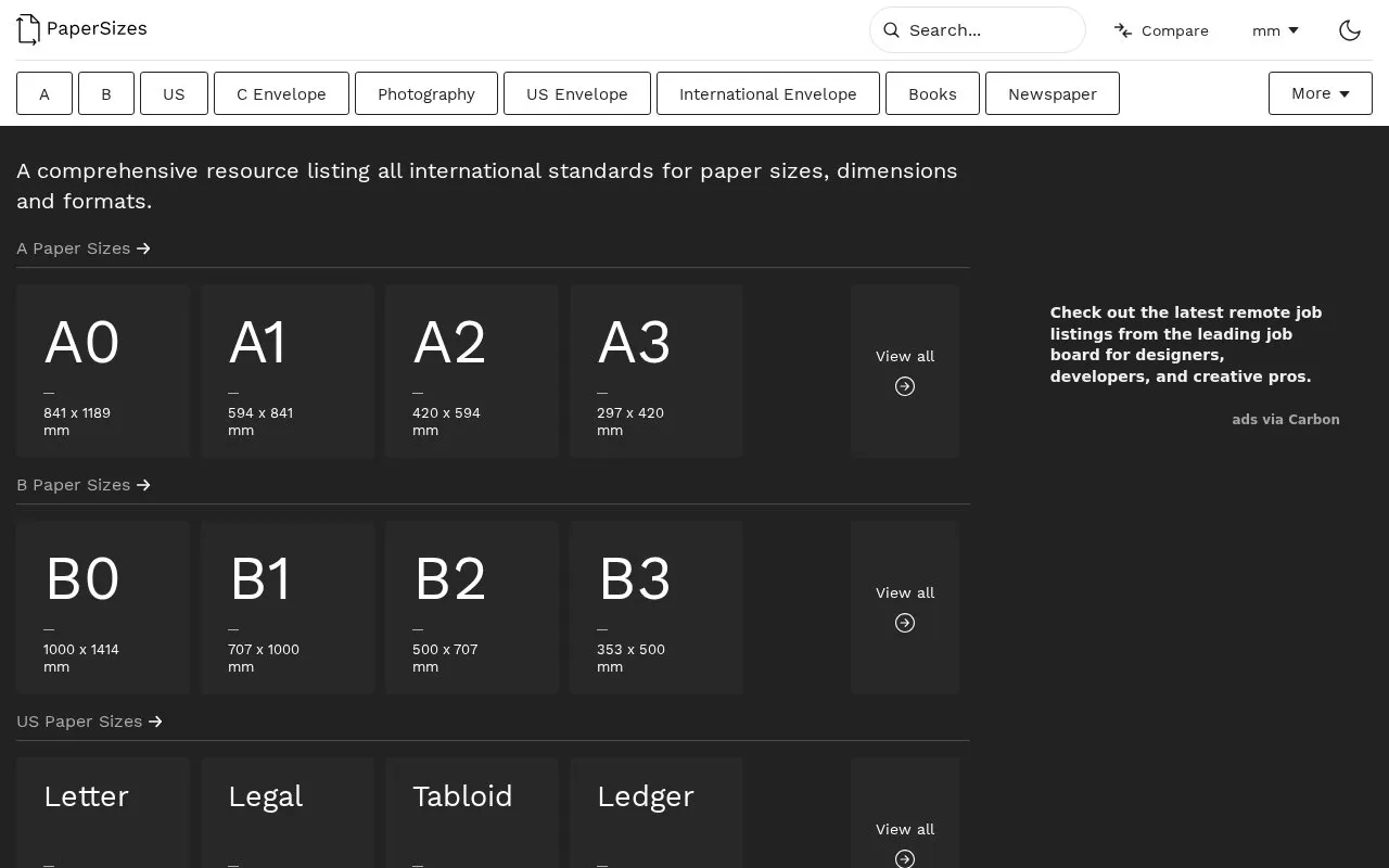Paper Sizes homepage screenshot