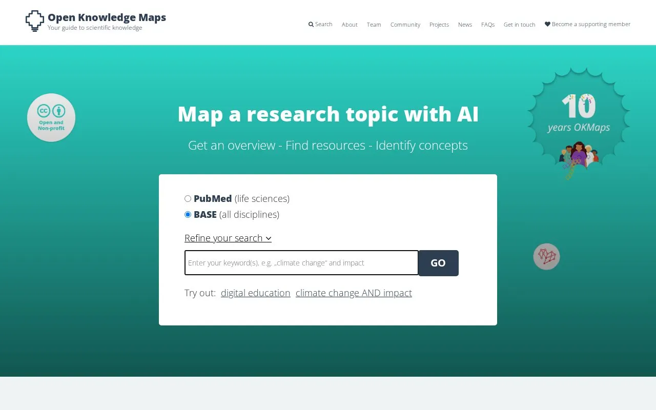 Open Knowledge Maps homepage screenshot