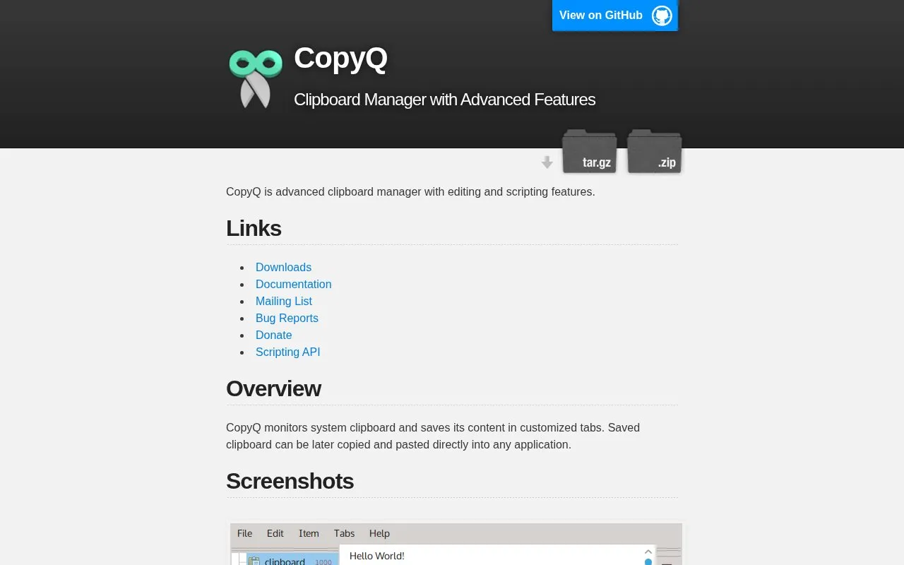 CopyQ homepage screenshot