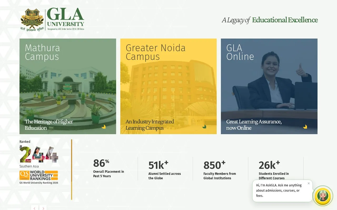 GLA University homepage screenshot
