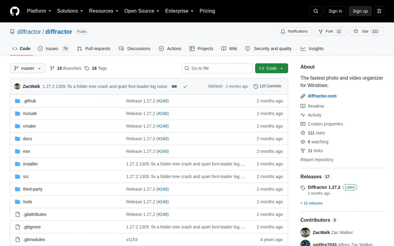 Diffractor homepage screenshot