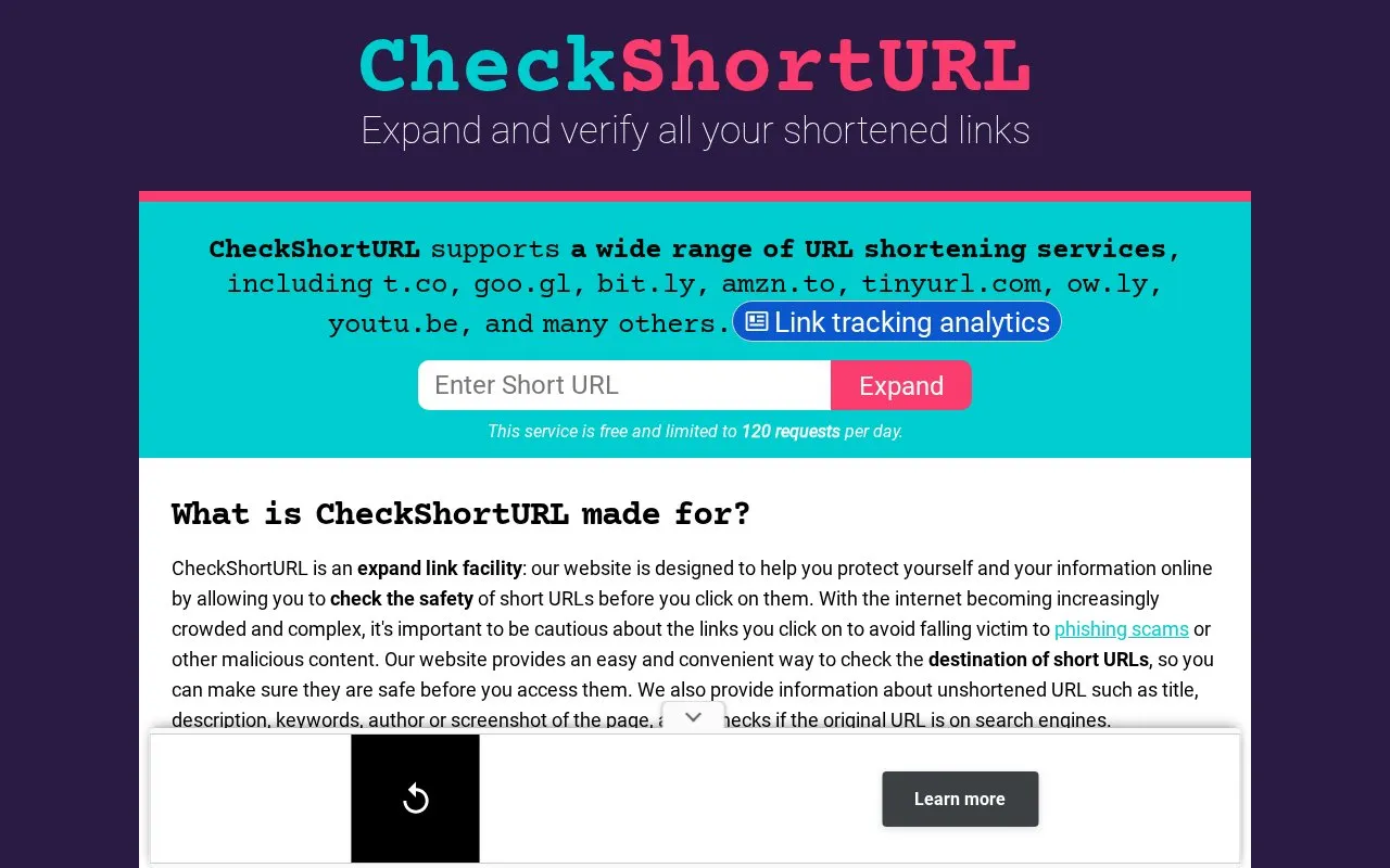 CheckShortURL homepage screenshot