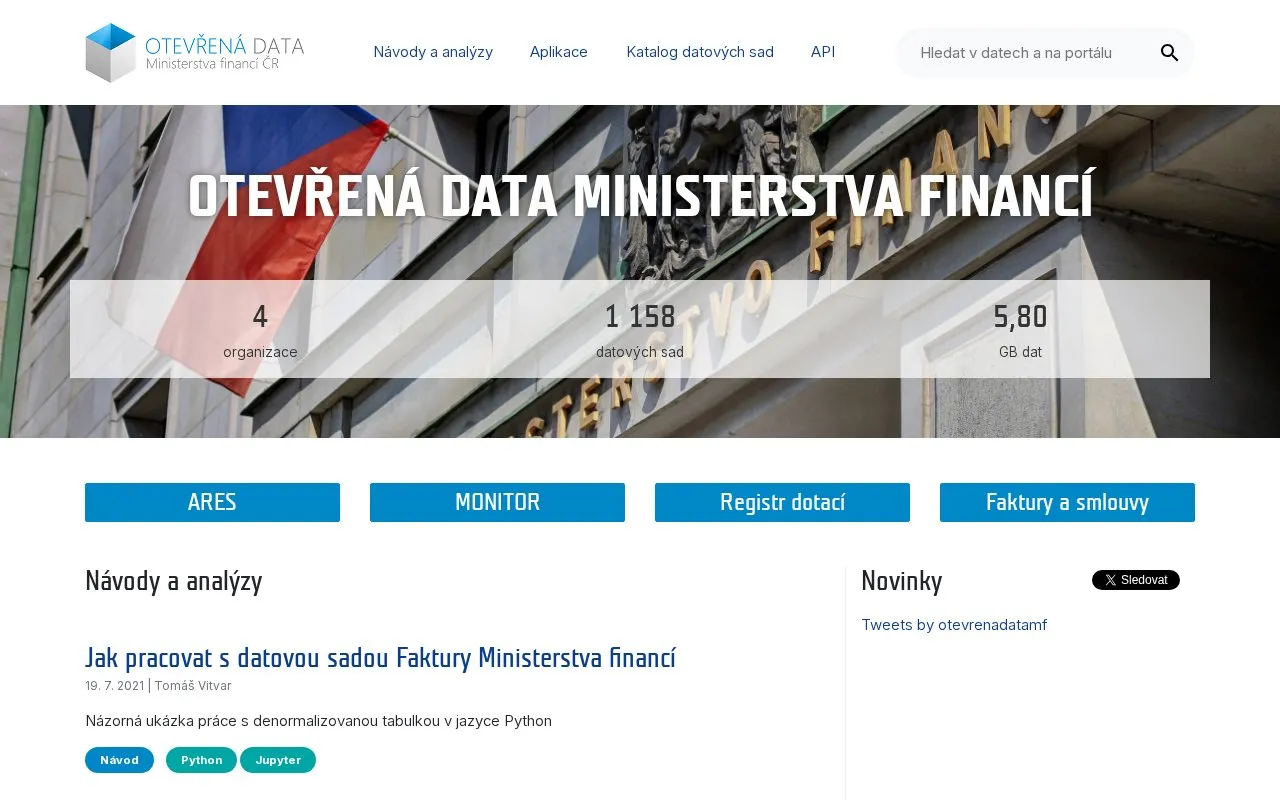 Ministry of Finance of the Czech Republic Open Data Portal homepage screenshot