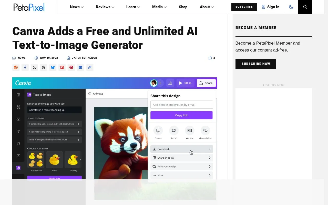 Canva Adds a Free and Unlimited AI Text-to-Image Generator PetaPixel homepage screenshot