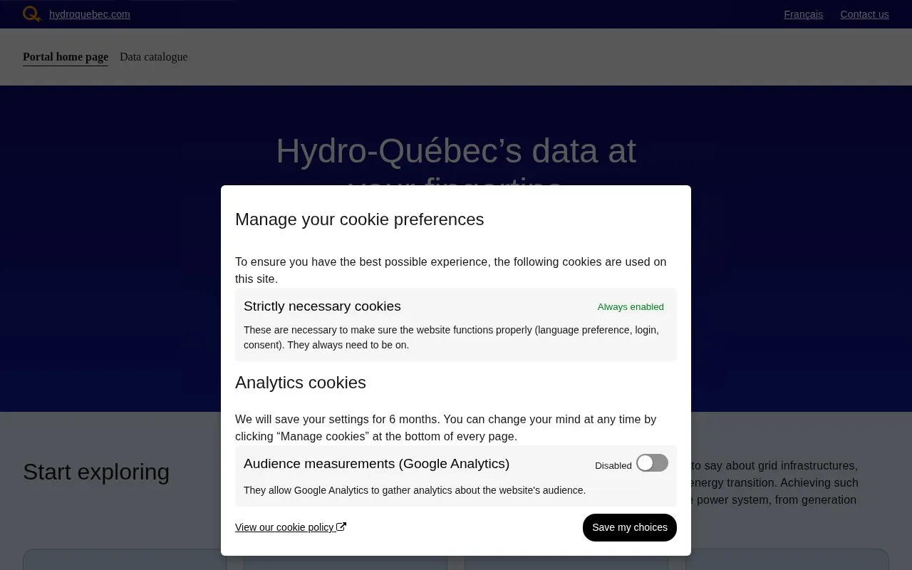 Hydro-Québec's open data portal homepage screenshot
