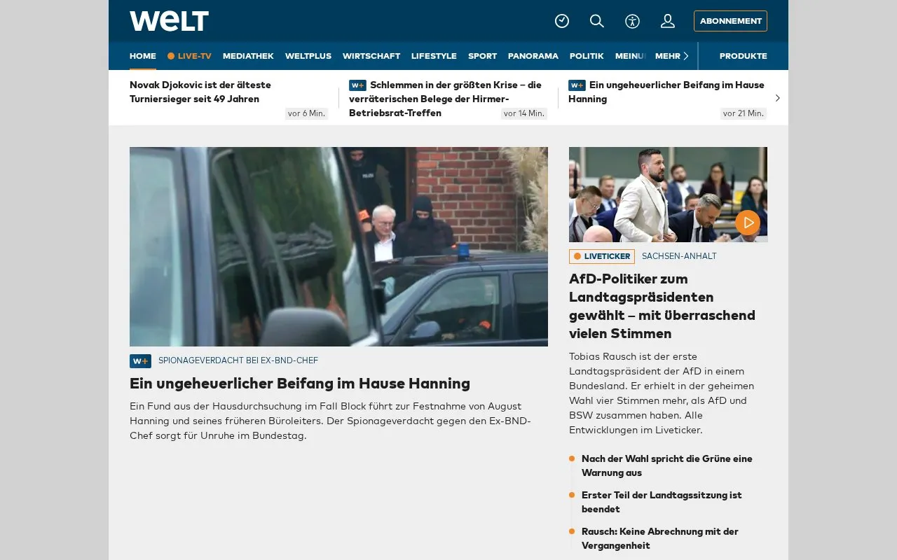 DIE WELT homepage screenshot
