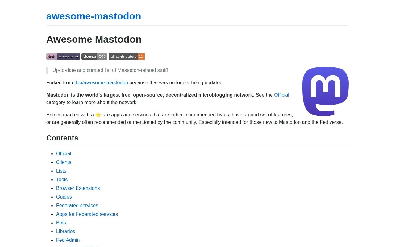 awesome-mastodon homepage screenshot
