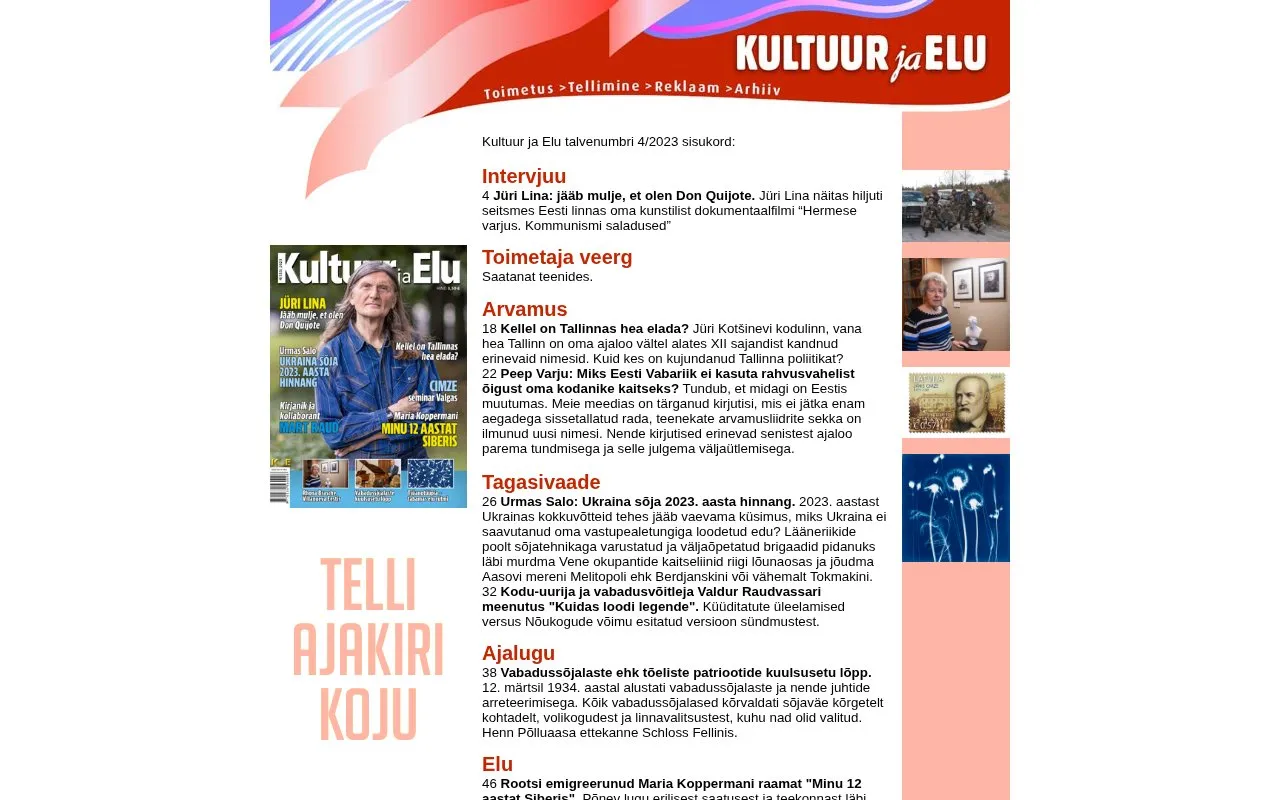 Kultuur ja Elu homepage screenshot