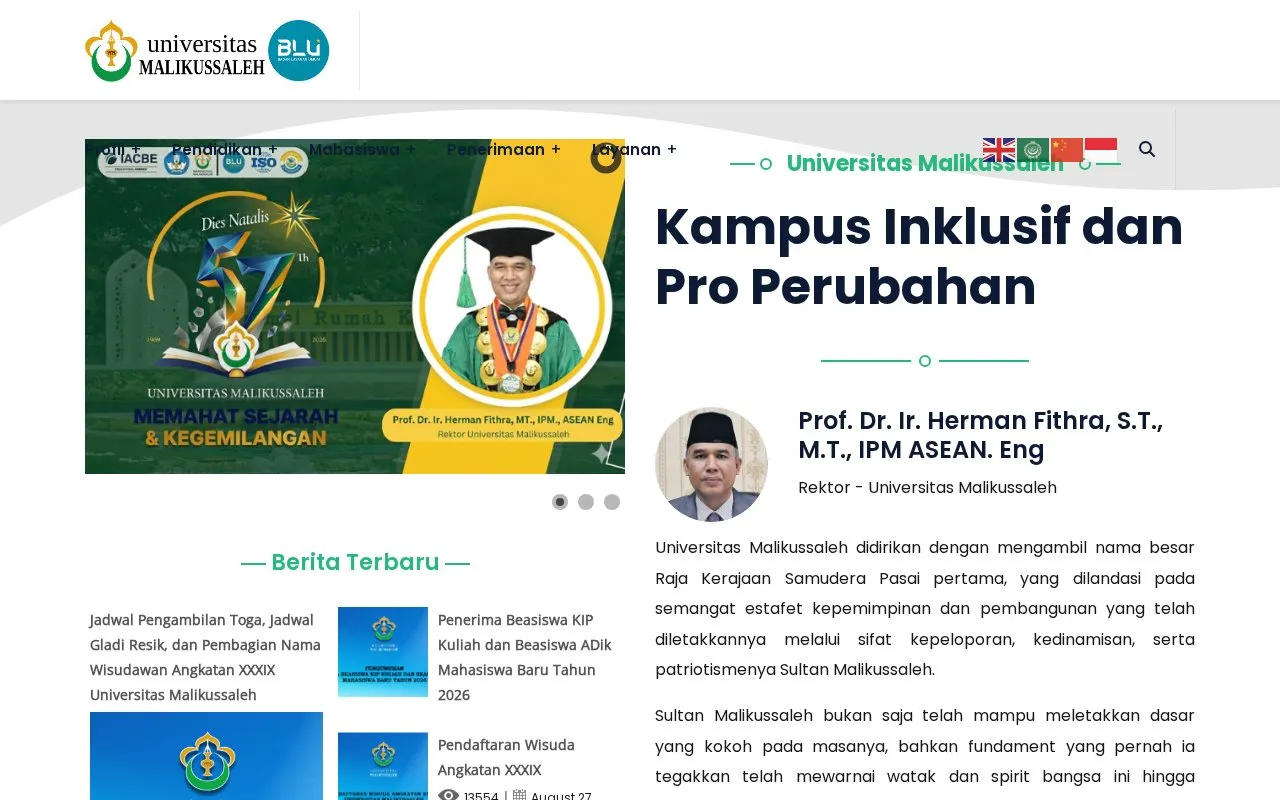 Malikussaleh University homepage screenshot