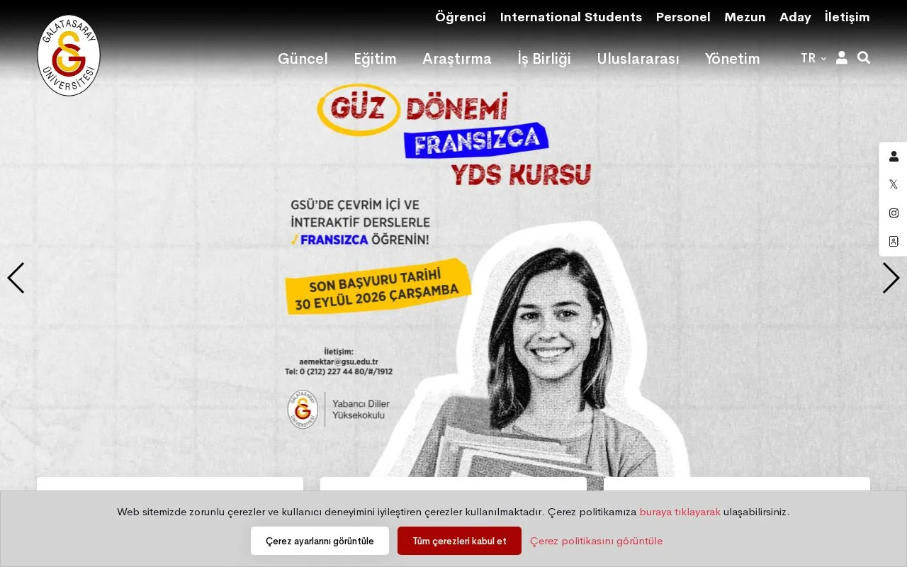 Galatasaray University homepage screenshot