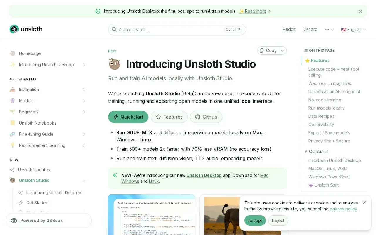 Unsloth homepage screenshot