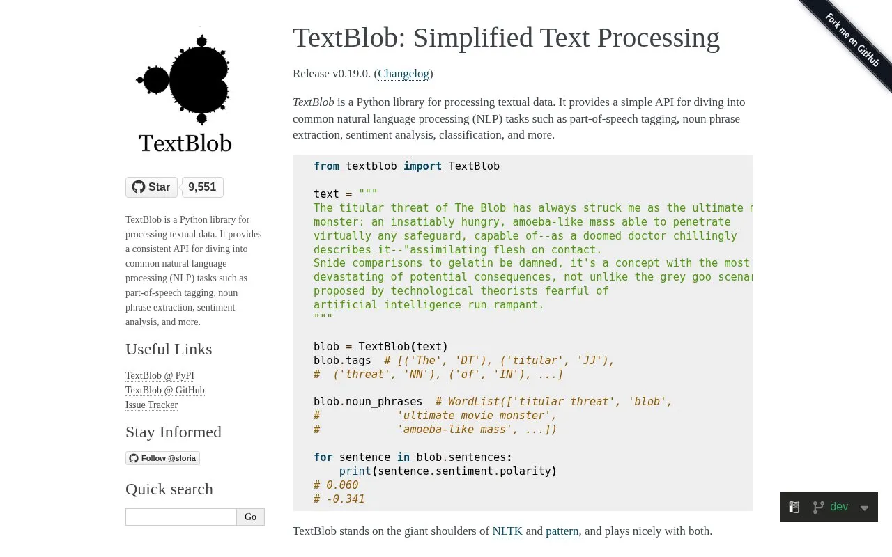 TextBlob homepage screenshot