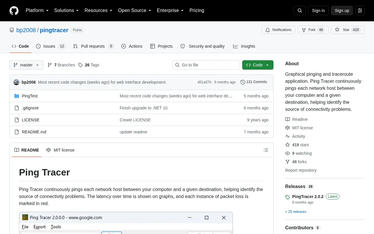 PingTracer homepage screenshot