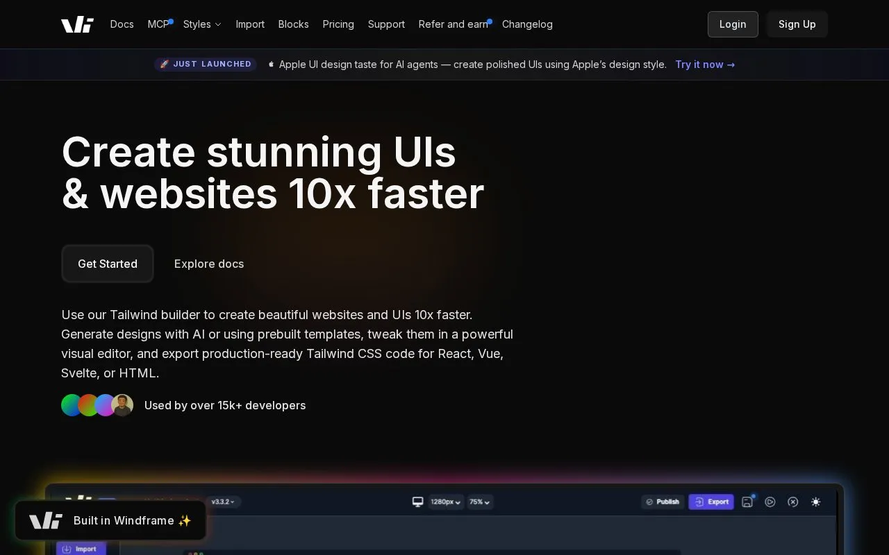 Windframe homepage screenshot