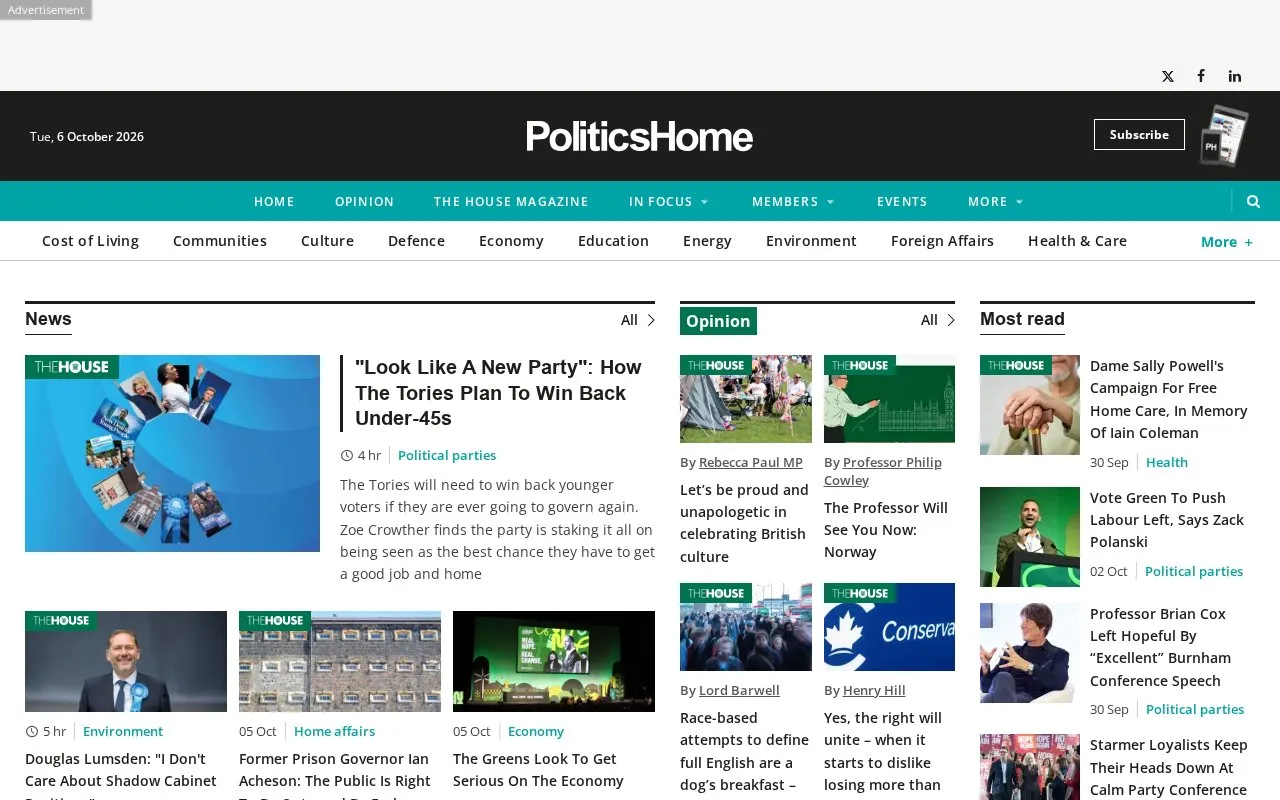 PoliticsHome homepage screenshot