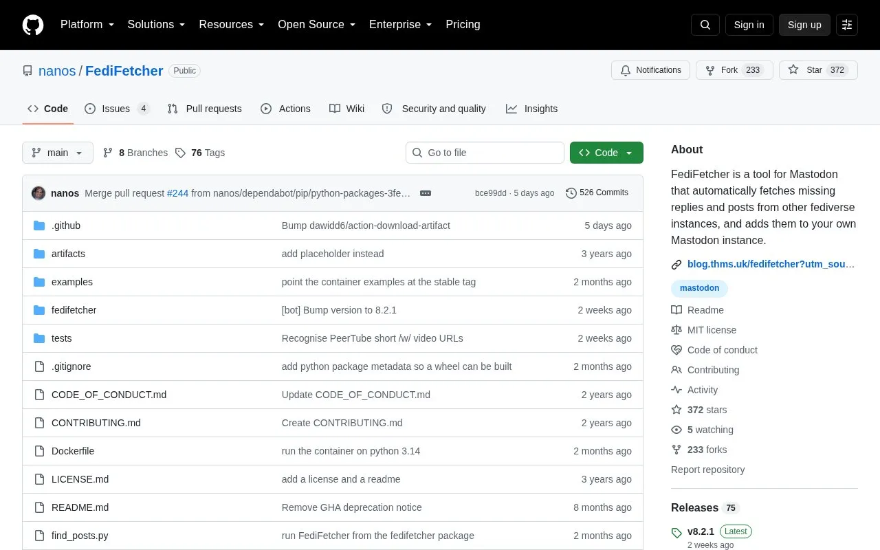 FediFetcher homepage screenshot