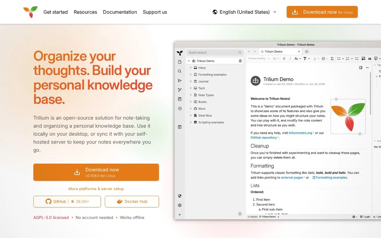 Trilium homepage screenshot