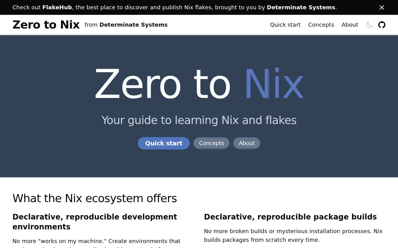 Zero to Nix homepage screenshot
