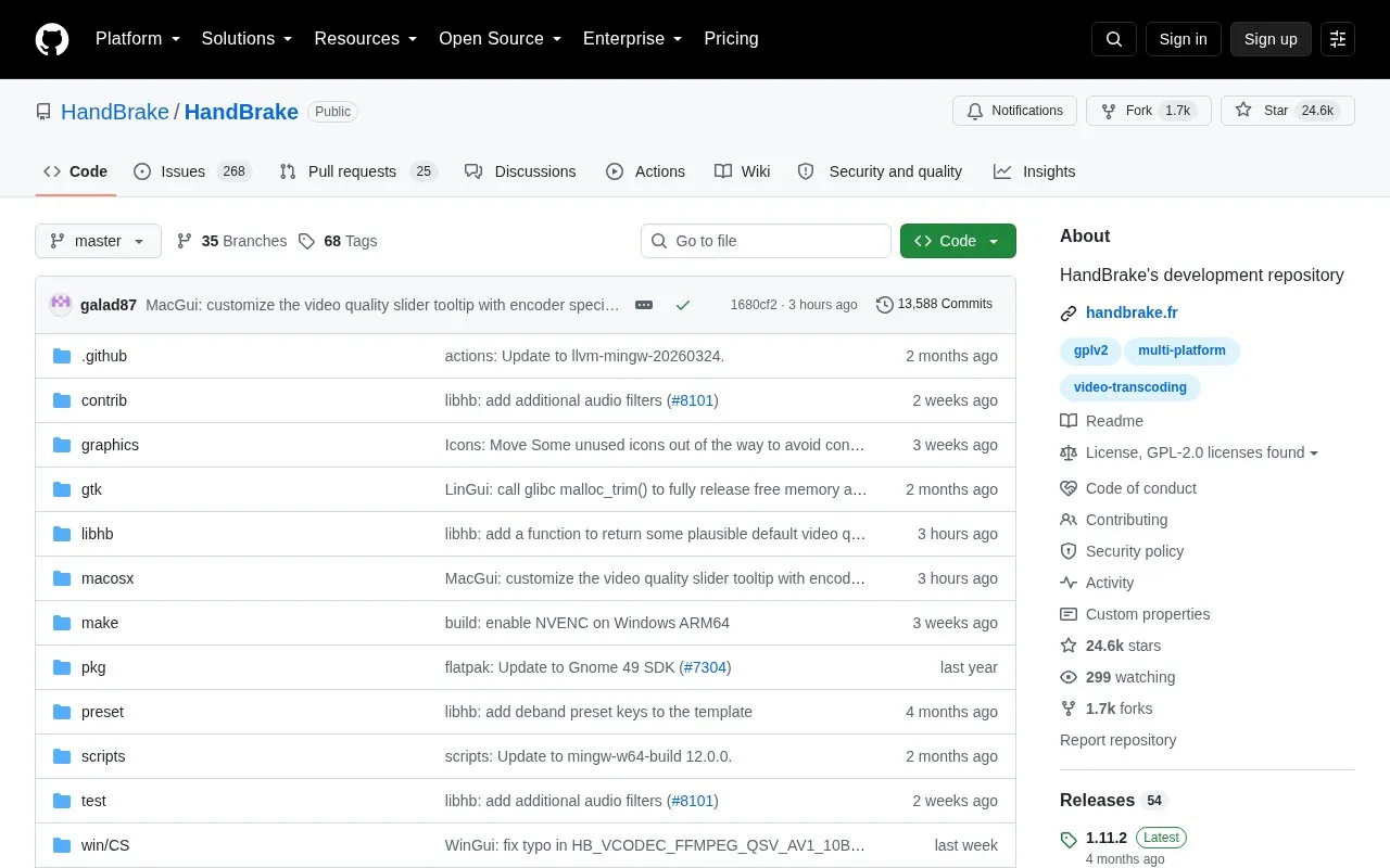 Hand Brake homepage screenshot