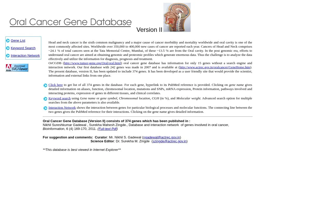 Oral Cancer Gene Database homepage screenshot