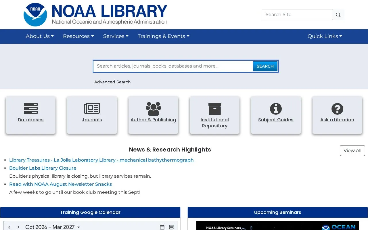 NOAA Central Library homepage screenshot