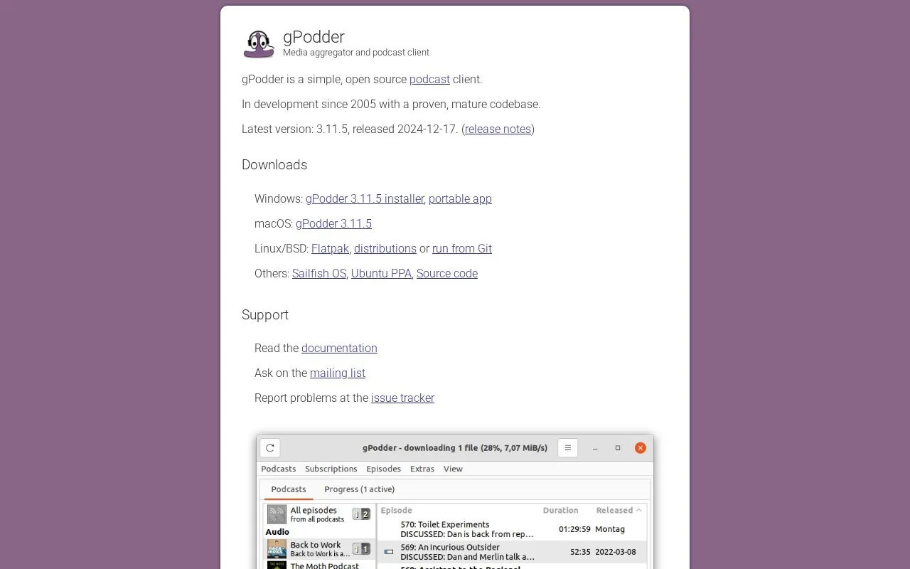 GPodder homepage screenshot