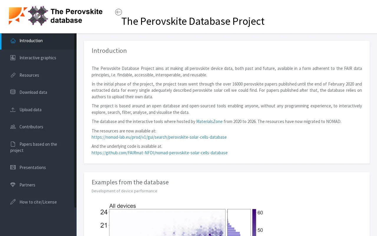 The Perovskite Database Project homepage screenshot