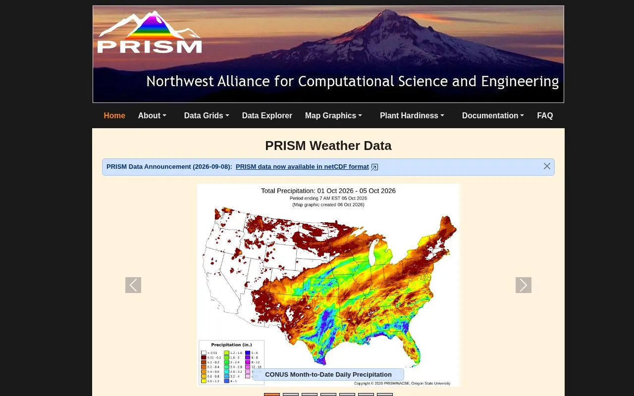 PRISM Climate Data homepage screenshot