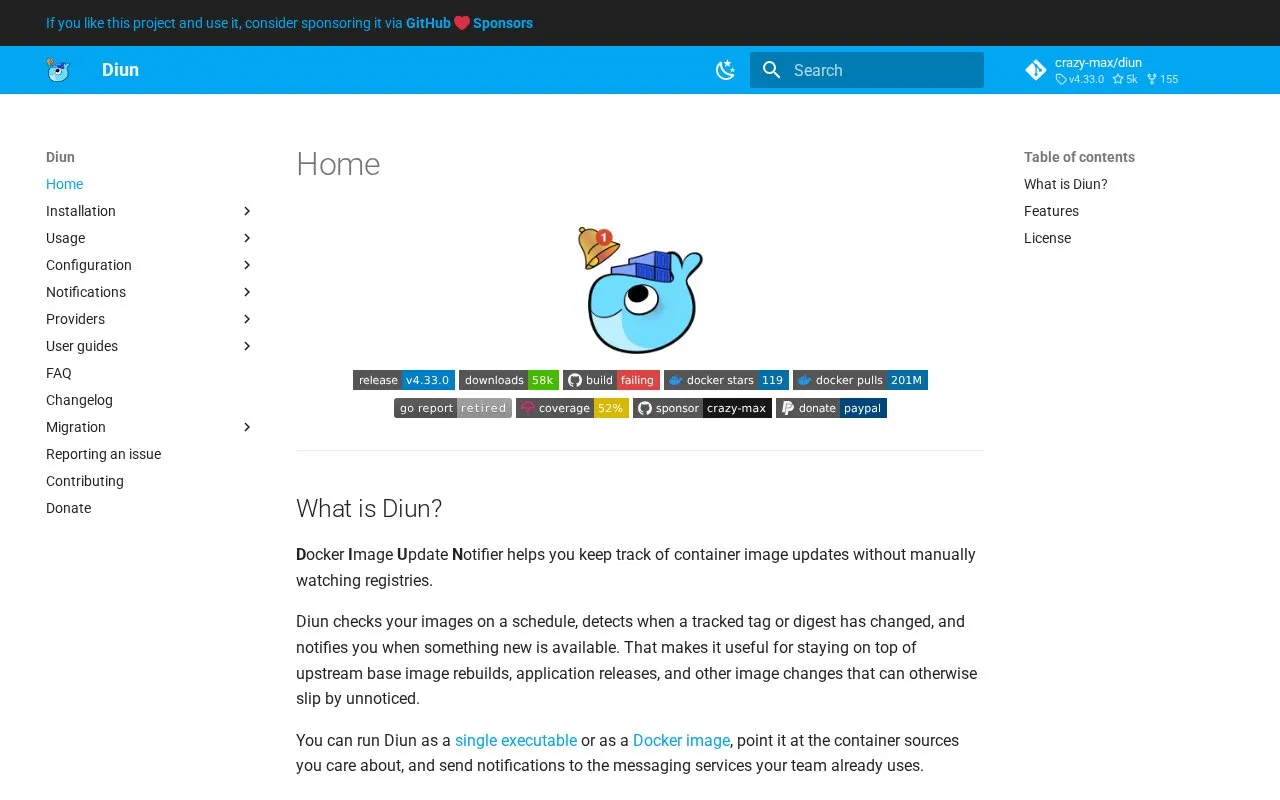 Diun homepage screenshot