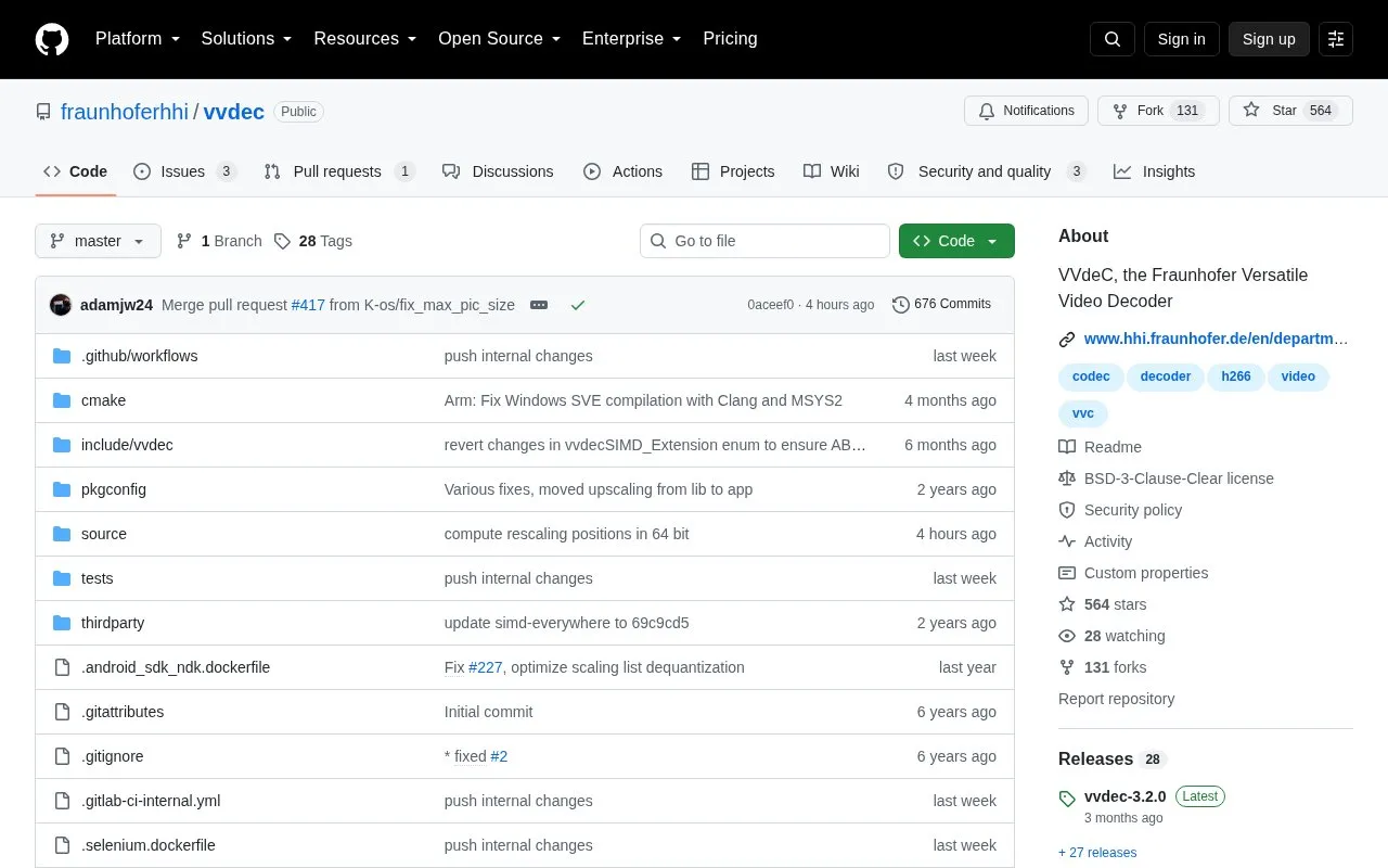 vvdec homepage screenshot