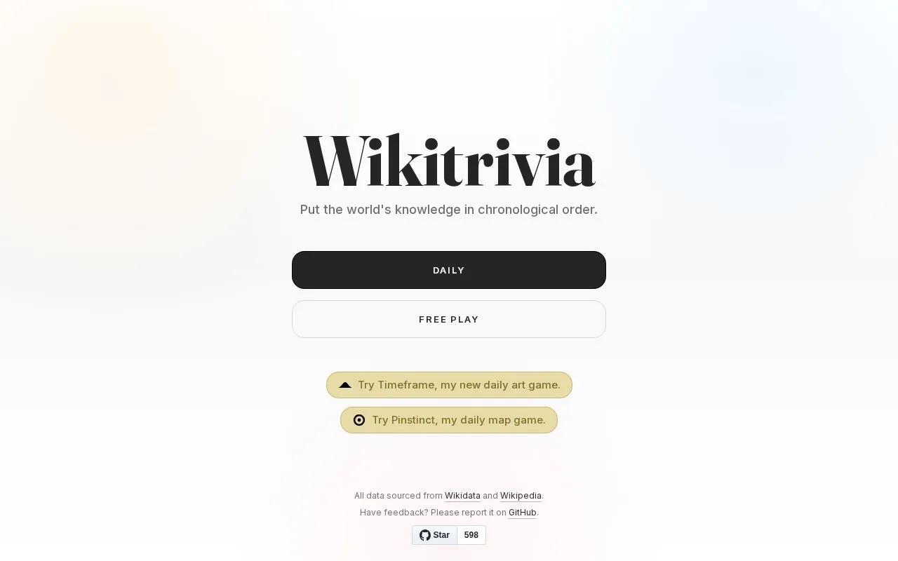 Wikitrivia homepage screenshot