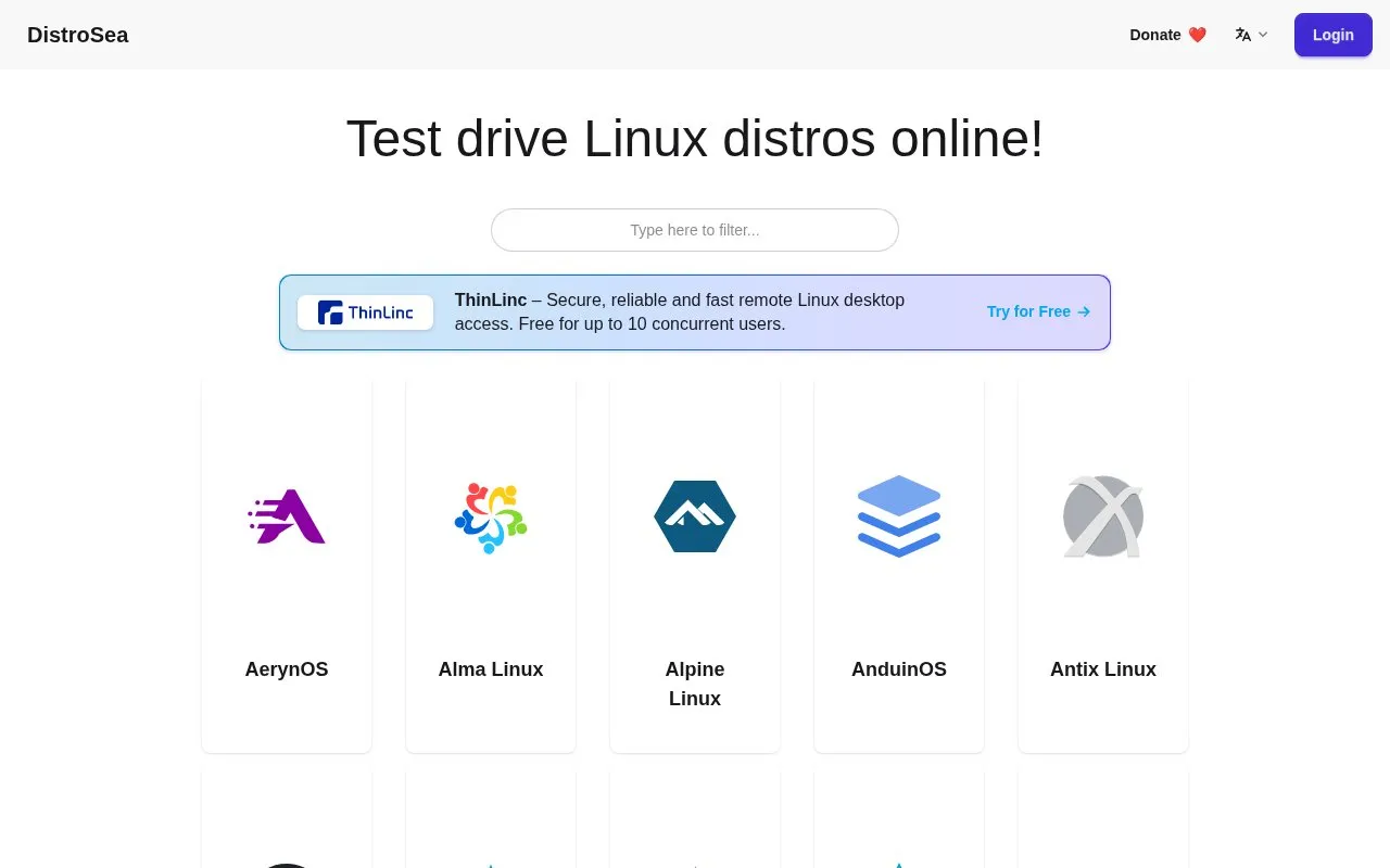 DistroSea homepage screenshot