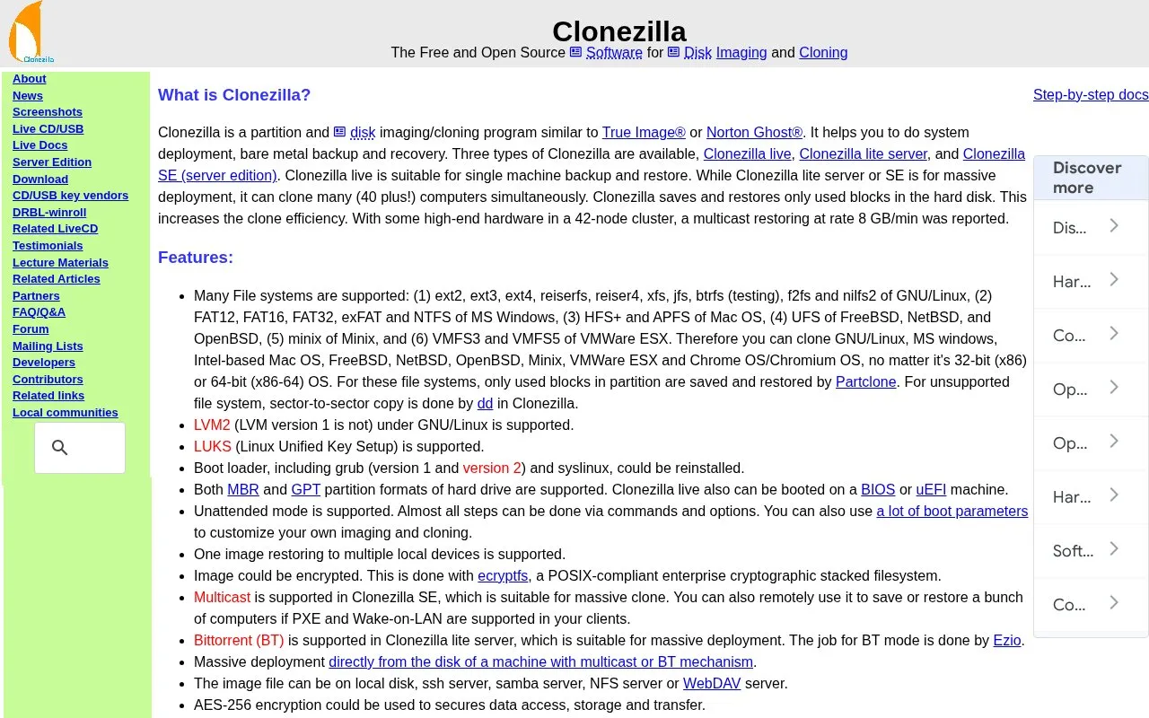 CloneZilla homepage screenshot