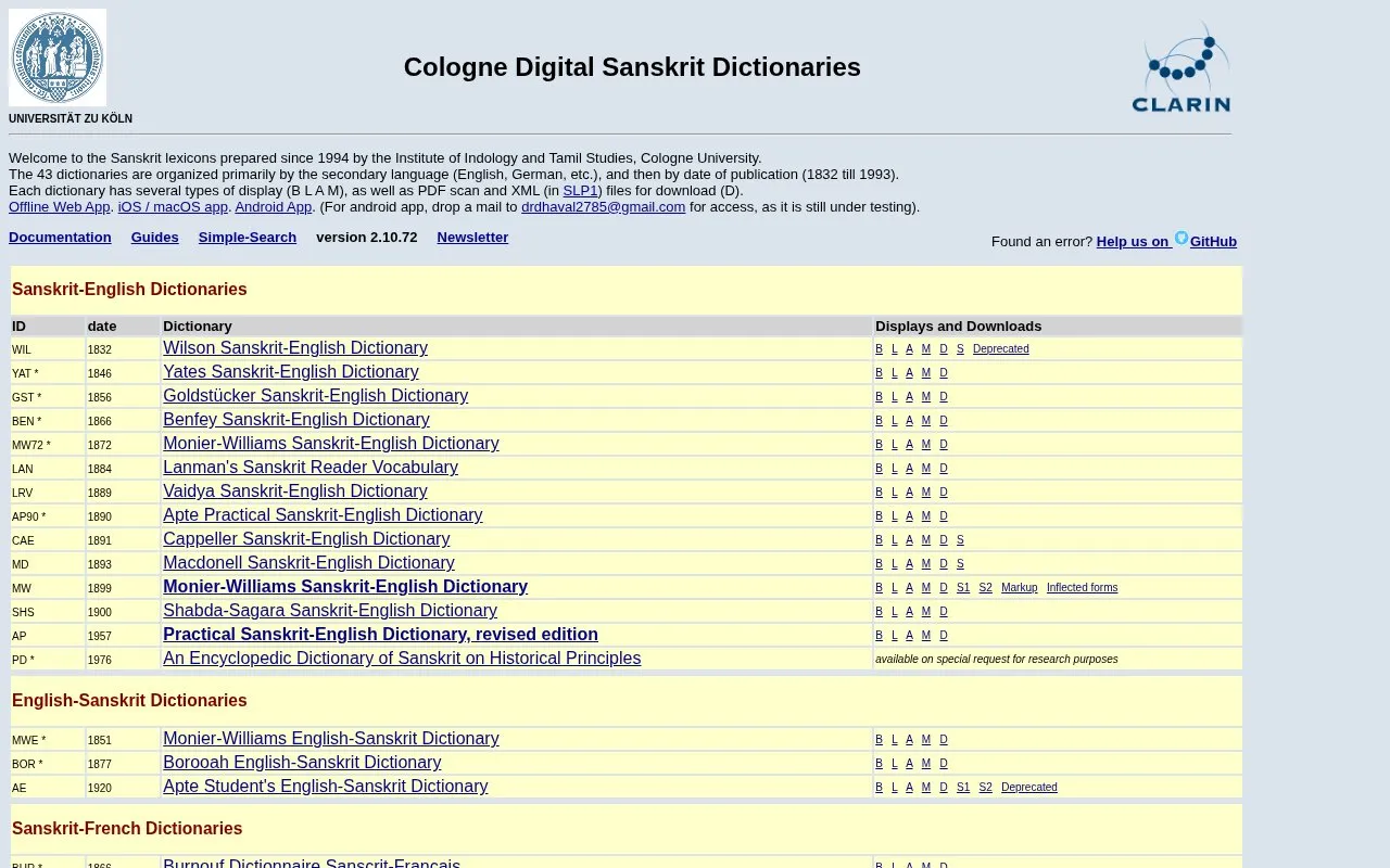 Cologne Digital Sanskrit Dictionaries homepage screenshot