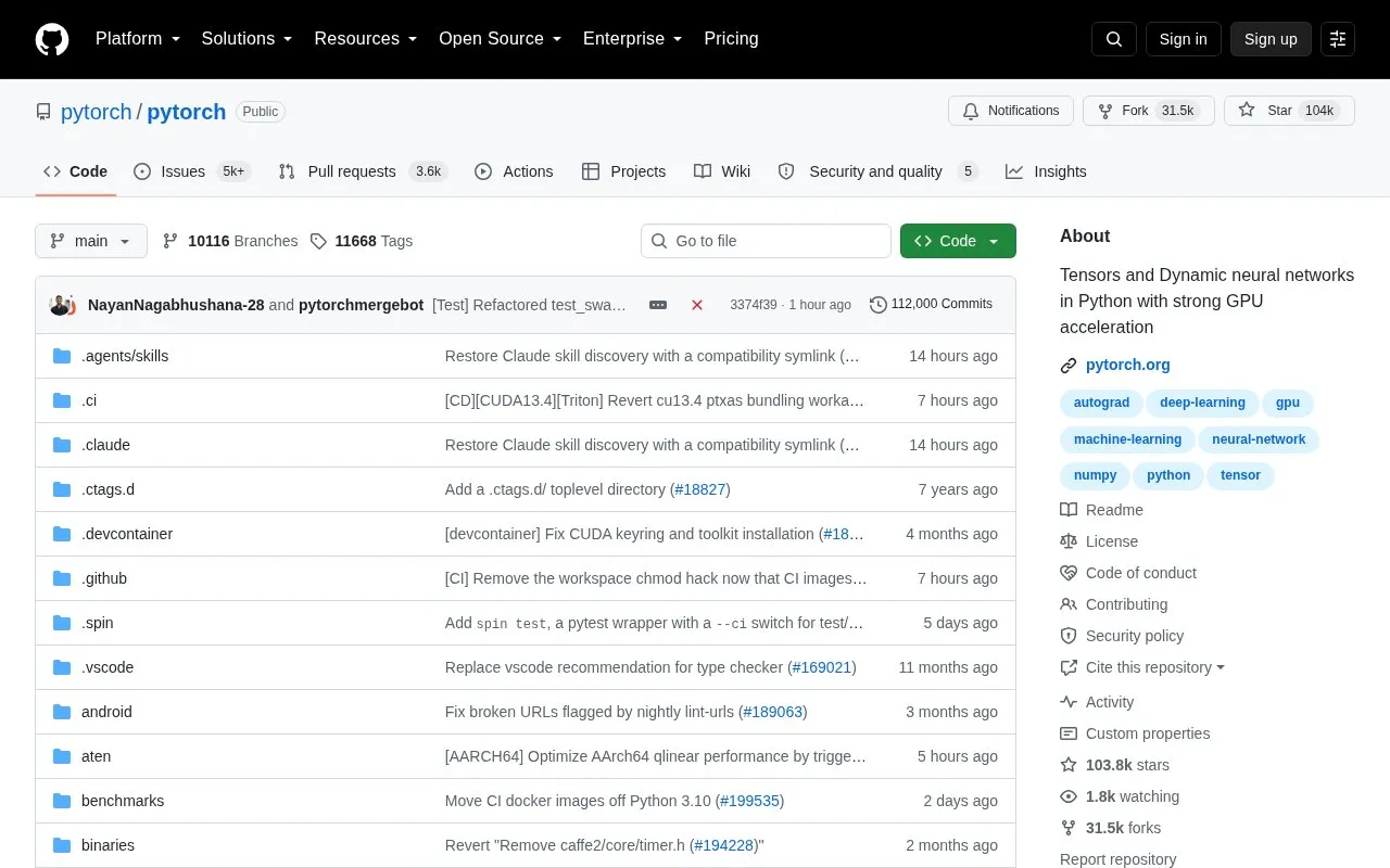 PyTorch homepage screenshot