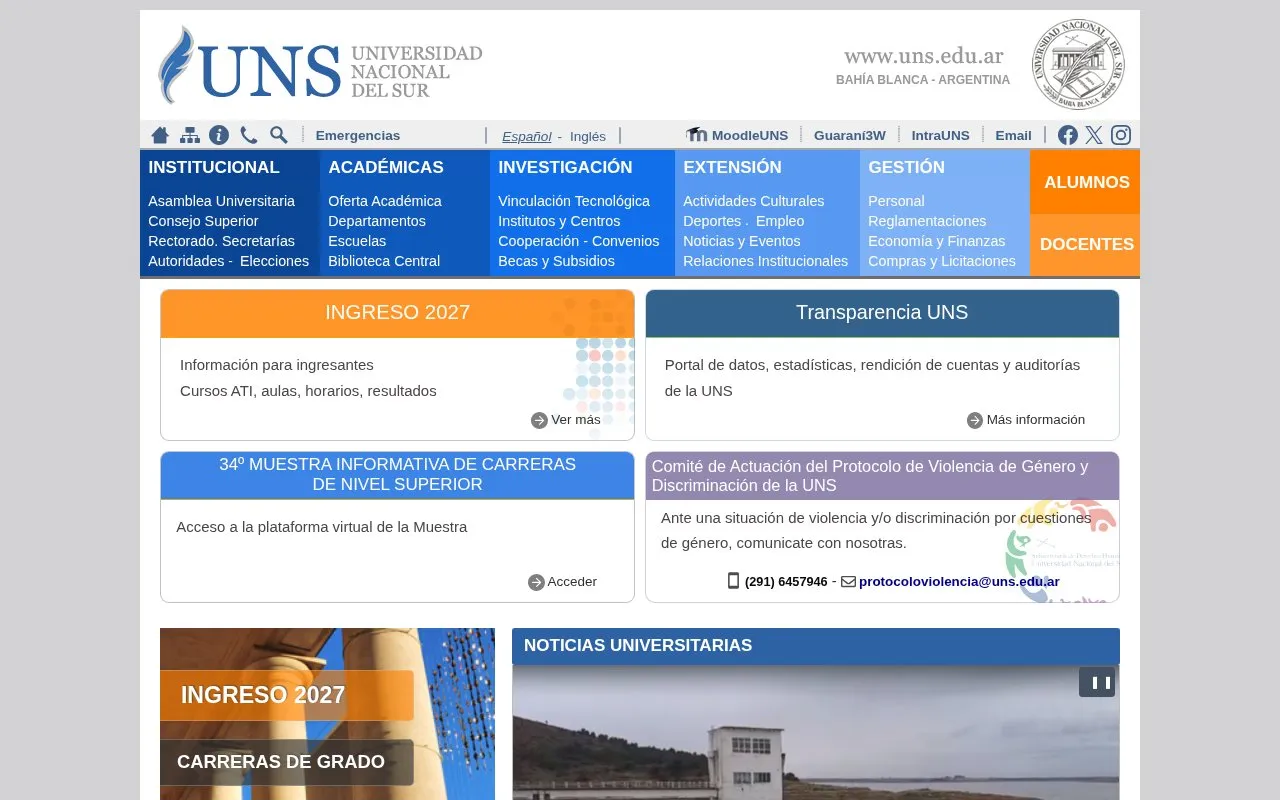 Universidad Nacional del Sur homepage screenshot