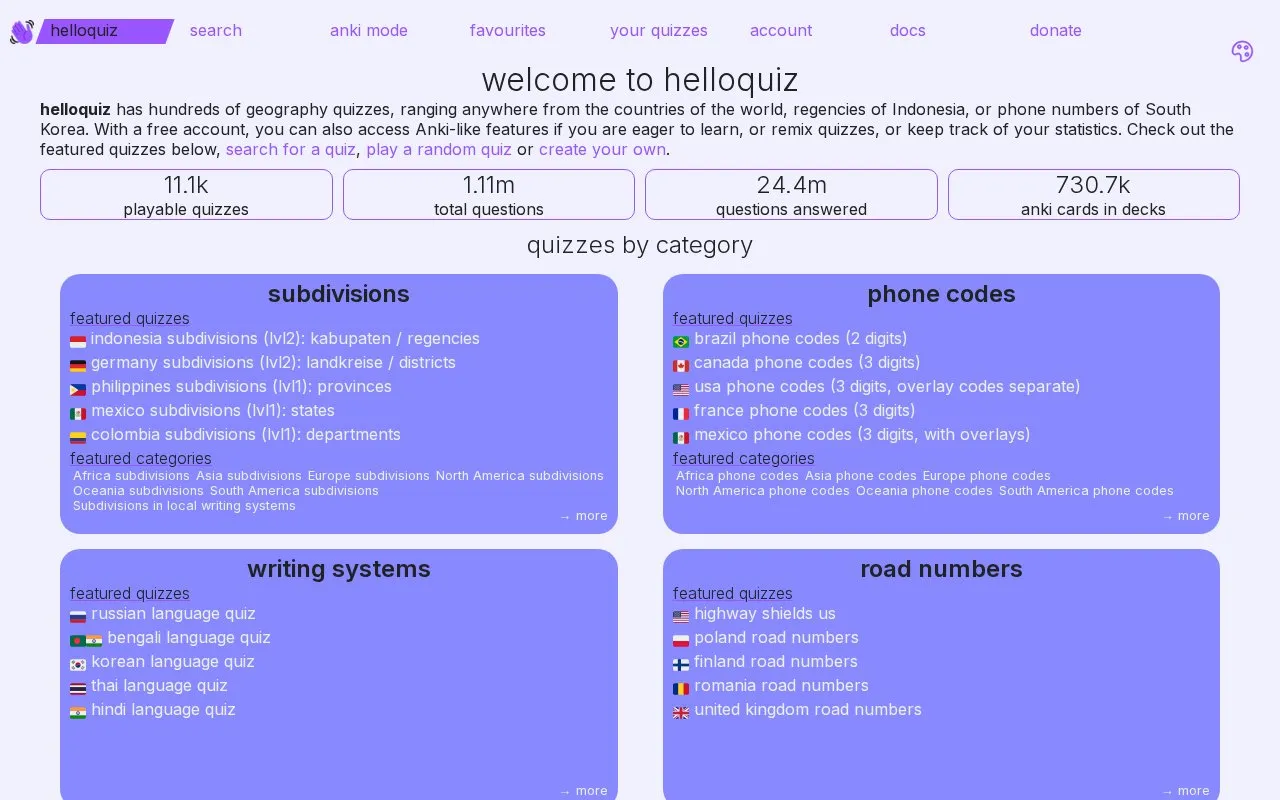helloquiz homepage screenshot