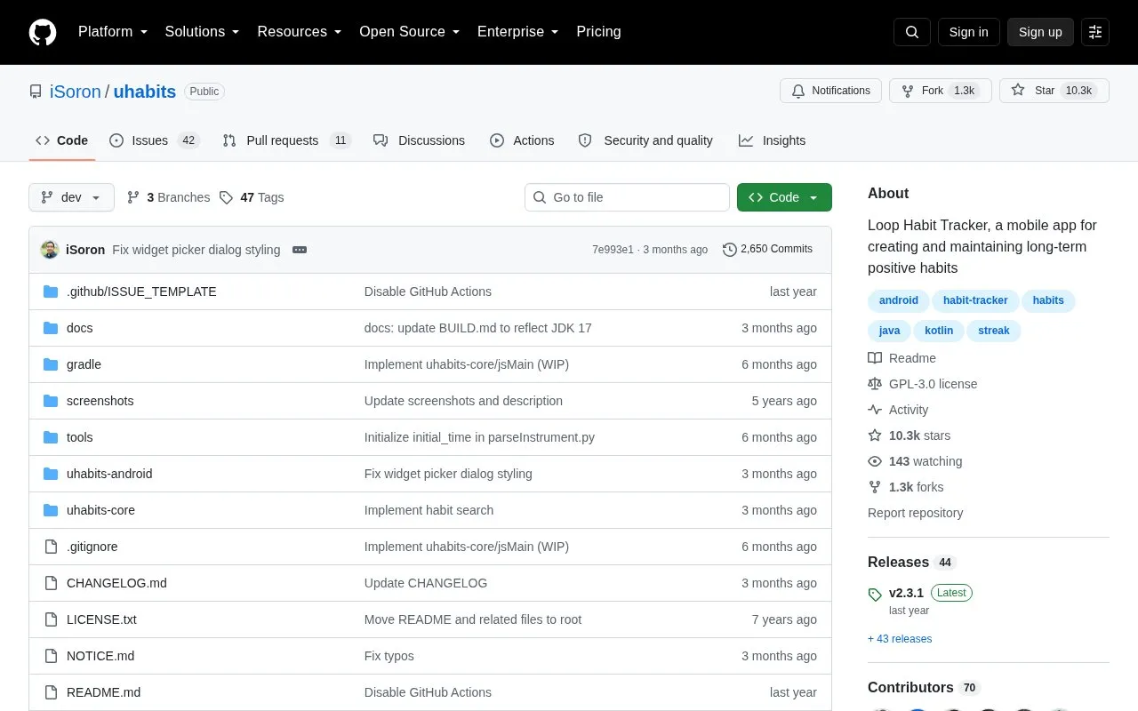 Loop Habit Tracker homepage screenshot