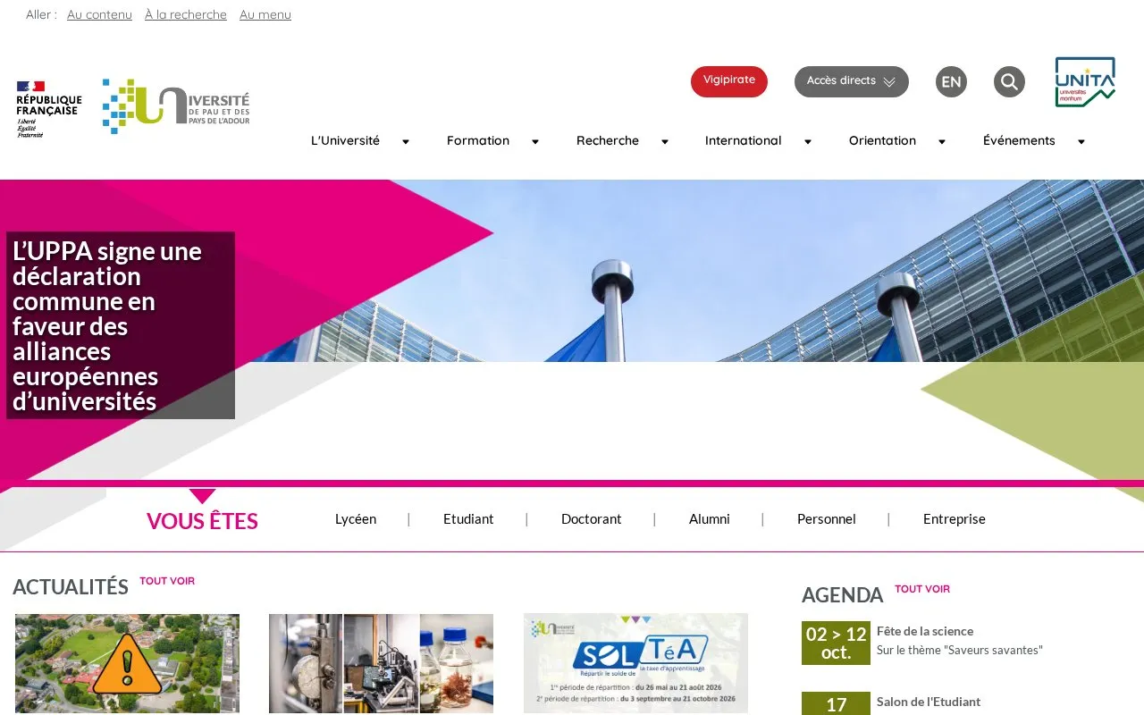 Universite de Pau et des Pays de l'Adour homepage screenshot