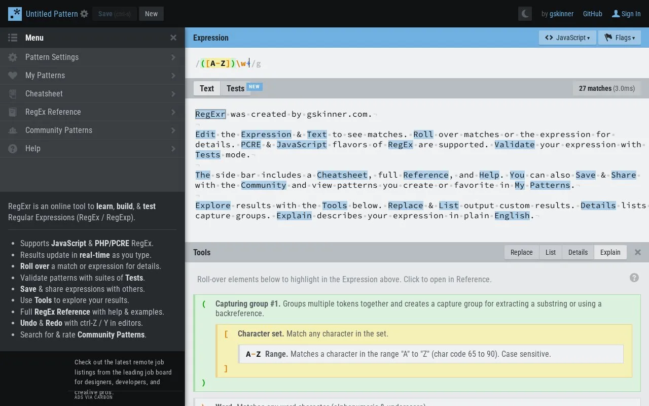 RegExr homepage screenshot