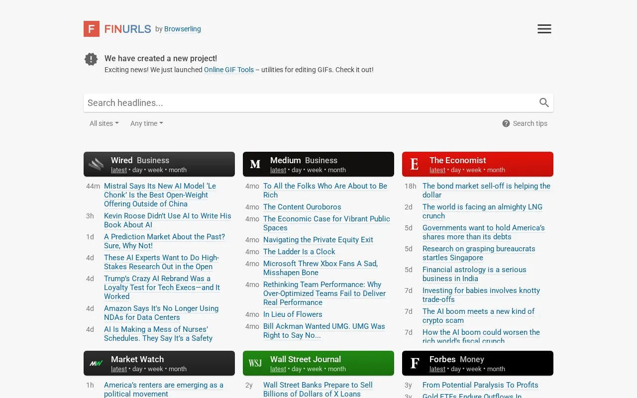 FinURLs homepage screenshot