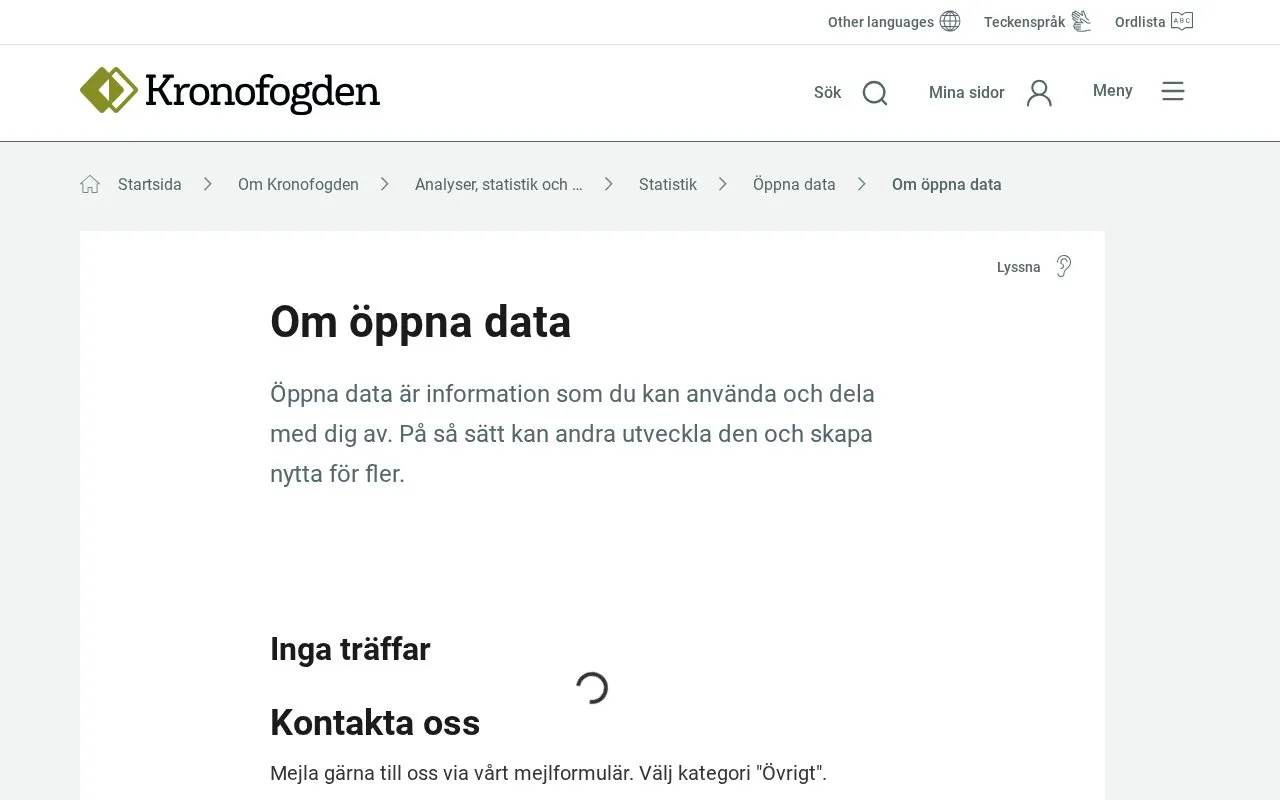 open data of the Swedish Enforcement Authority homepage screenshot