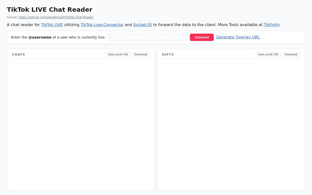 TikTok Chat Reader homepage screenshot