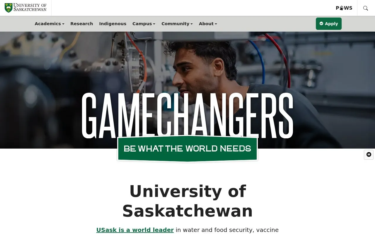 University of Saskatchewan homepage screenshot