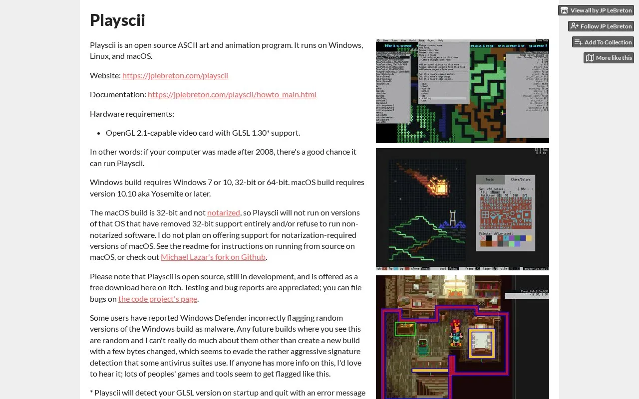 Playscii homepage screenshot