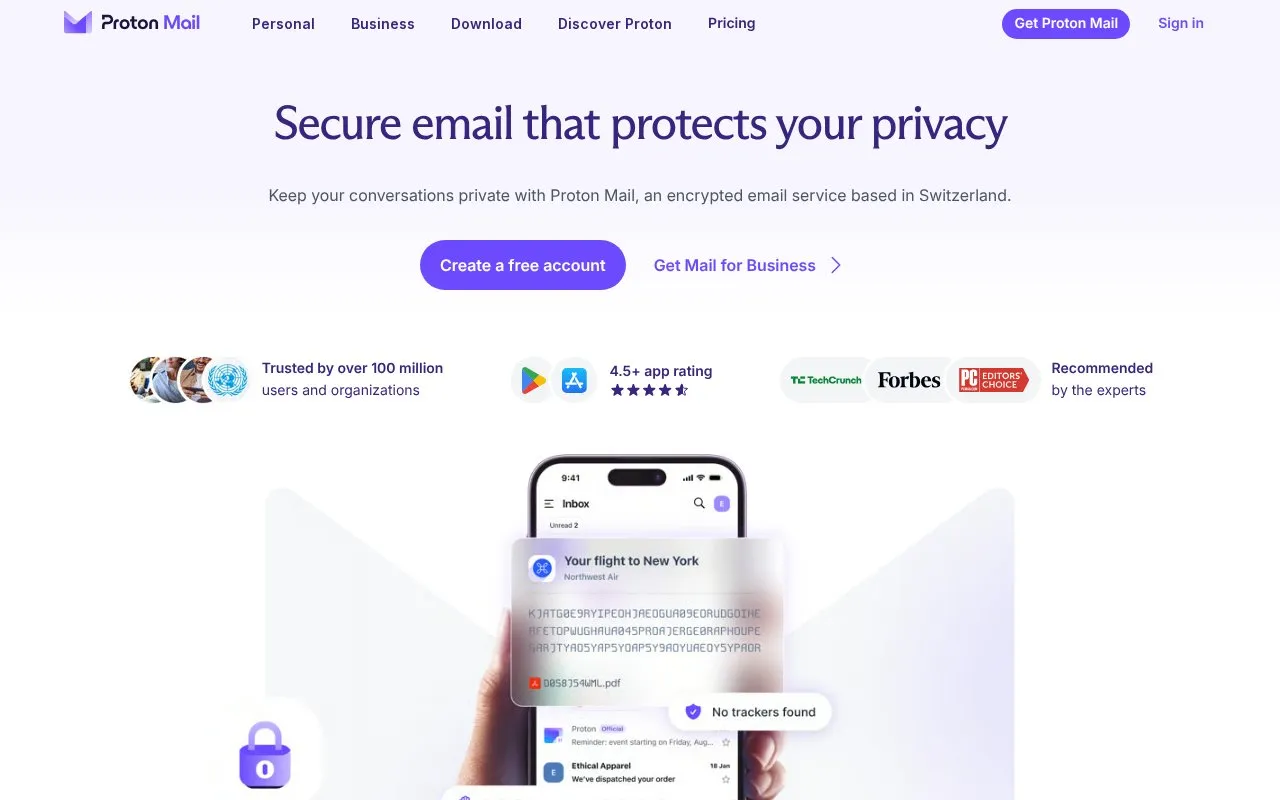 Proton Mail homepage screenshot