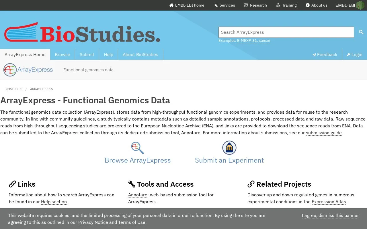 Array Express homepage screenshot