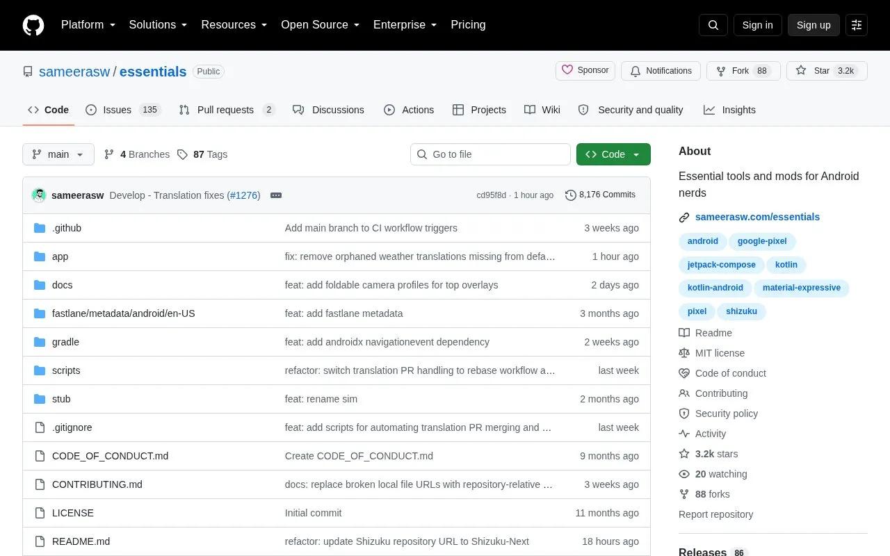 Essentials homepage screenshot