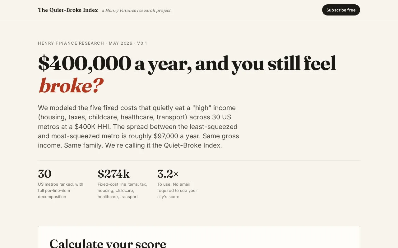 The Quiet-Broke Index homepage screenshot